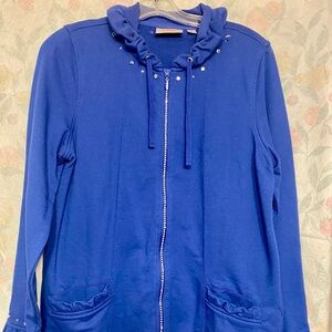 Vintage Quacker Factory Blue Ruffled Zip-Up Top w/rhinestone bling. Size S.